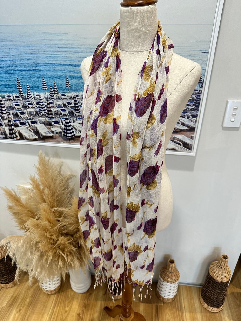 Cream Purple Floral Print Scarf Women’s Lightweight Fashion Wrap Shawl Elegant