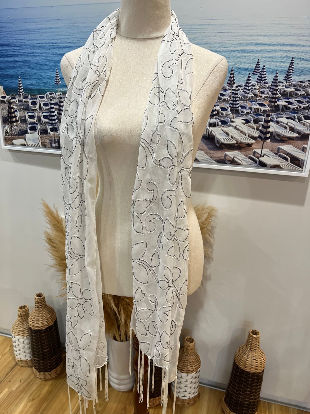 Black & White Floral Stitch Scarf | Chic Monochrome Statement Accessory