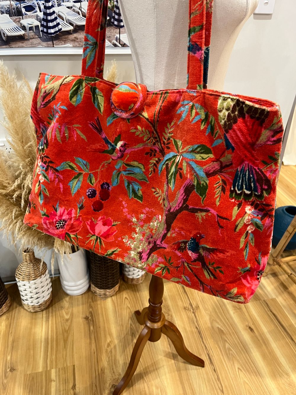 Red Velvet Retro Floral Bag | Vintage-Inspired Statement Handbag