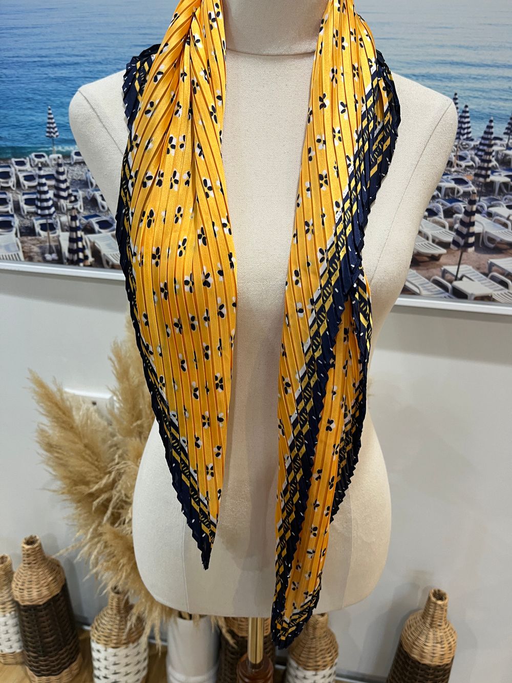 Yellow Pleated Floral Scarf | Bright & Elegant Statement Accessory