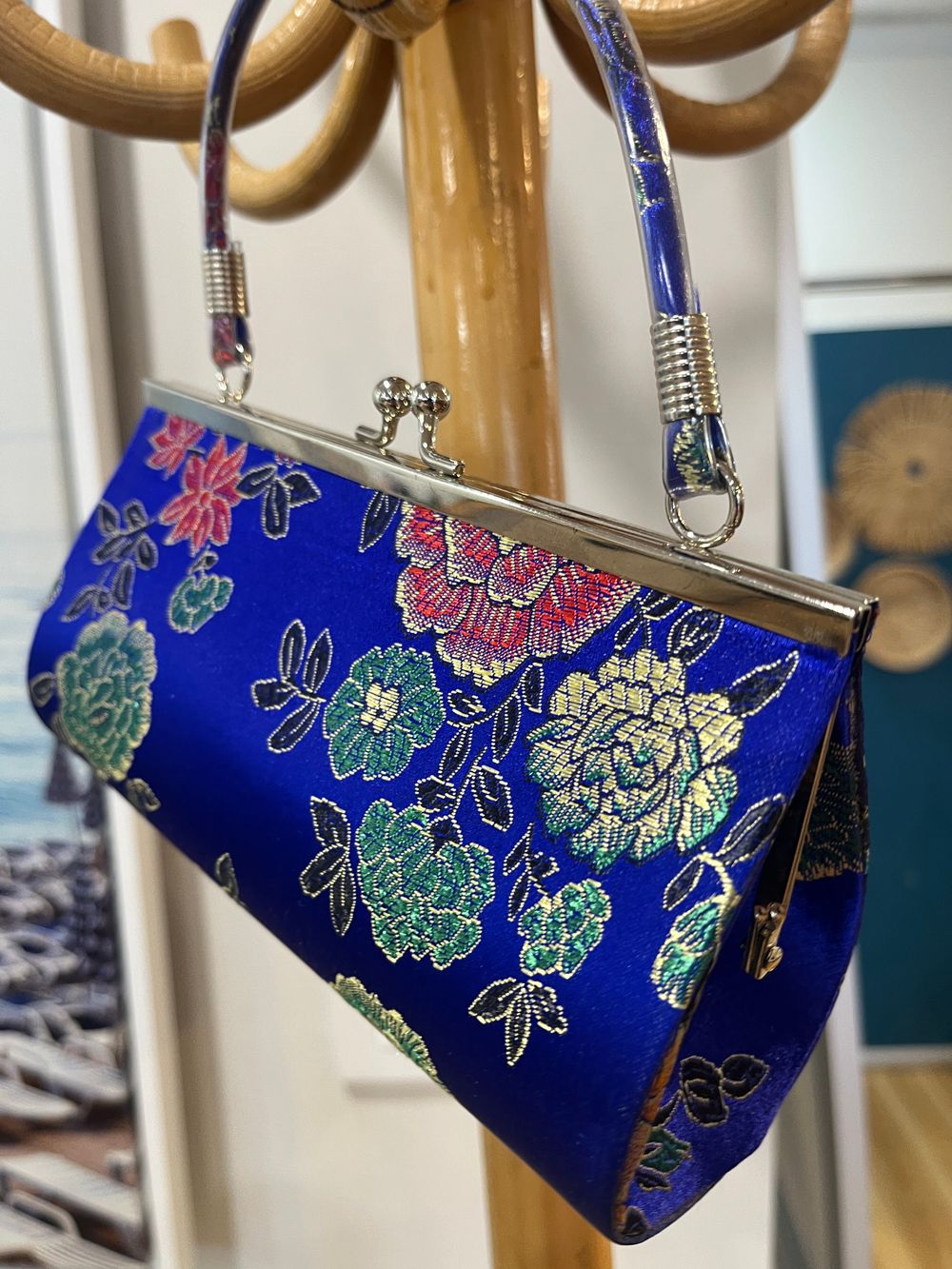 Blue Floral Purse with Gold Edging – Elegant Statement Bag