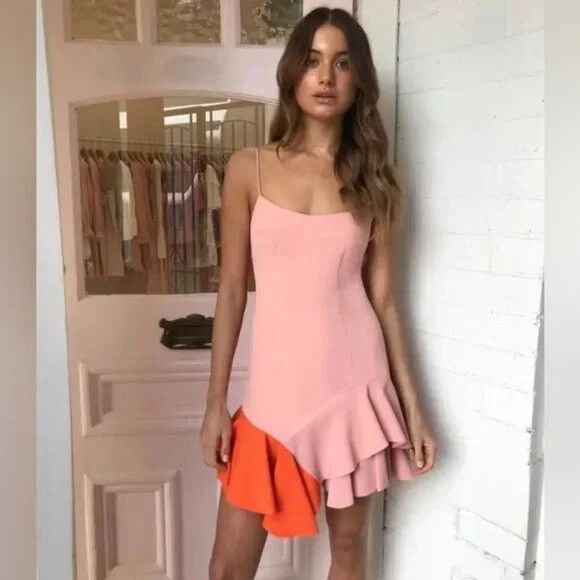 BY JOHNNY Bambi Frill Pink Tangerine Orange Ruffle Hem Mini Slip Dress