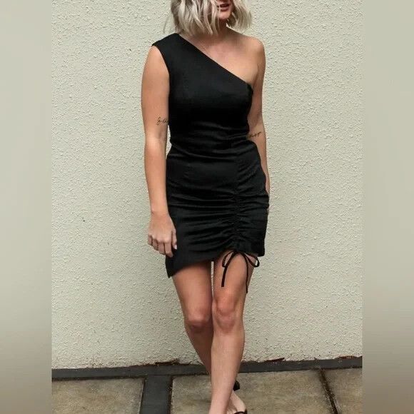 KOOKAI Olivia Black One Shoulder Satin Mini Dress NWT