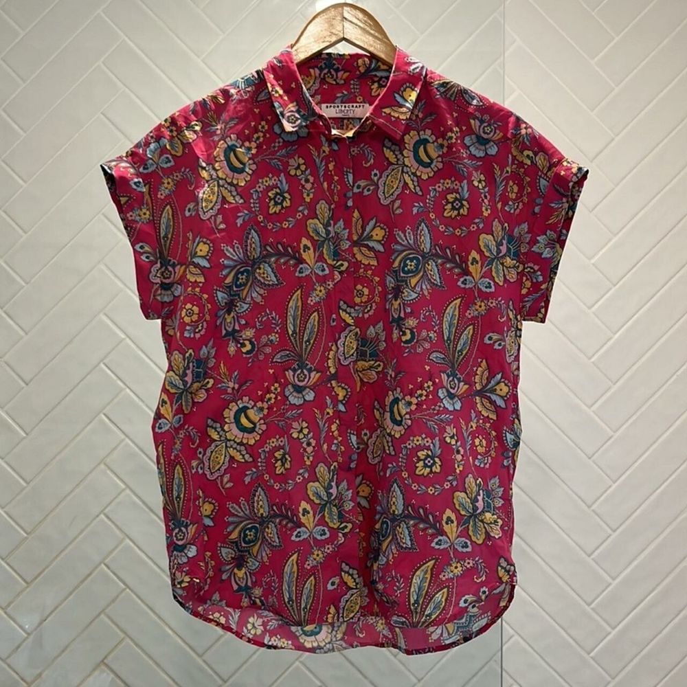 SPORTSCRAFT Pavillion Liberty Cotton Magenta Floral Collared Short Sleeve Shirt Blouse Top