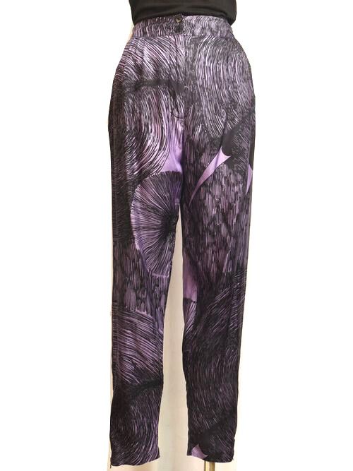 GORMAN 100% Silk Purple Black Print Ankle Zip High Waisted Pants