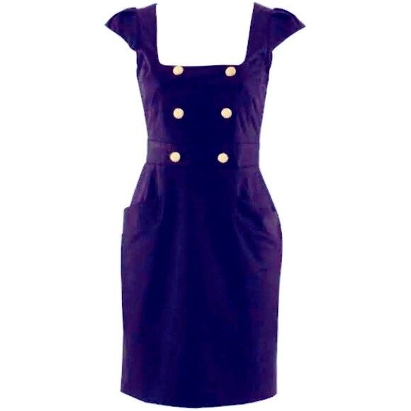 FRENCH CONNECTION Bonny Cap Sleeve Utility Blue Gold Button Pencil Dress RRP$149.95
