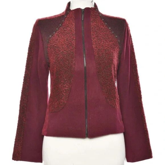 Wool Blend Maroon Textured Zip Blazer Jacket