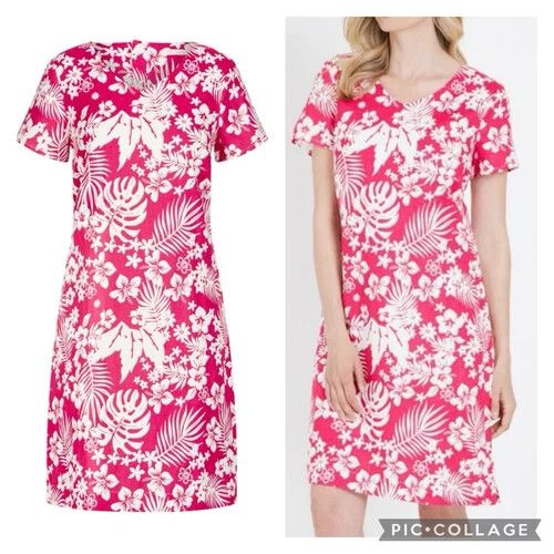 100% Linen Hawaiian Resort Hibiscus Pink Summer Shift Dress