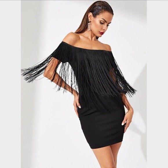 Zara - ZARA Fringe Off The Shoulder Black Mini Dress on Designer Wardrobe Zara - ZARA Fringe Off The Shoulder Black Mini Dress on Designer Wardrobe
