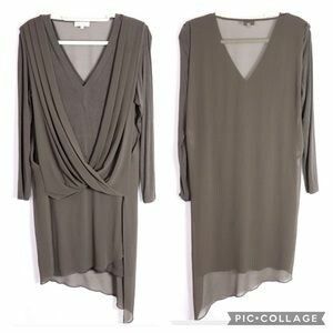WAYNE COOPER Khaki Green Draped Sheer Layer Asymmetric Long Sleeve Midi Dress NWT