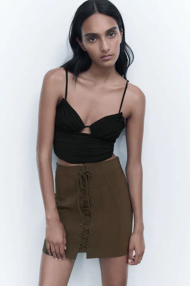 ZARA Khaki Lace Up High Waisted Mini Skirt