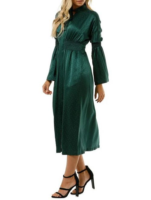 KITX Essence Spot Shirred Silk Emerald Green Long Sleeve Midi Dress RRP$695