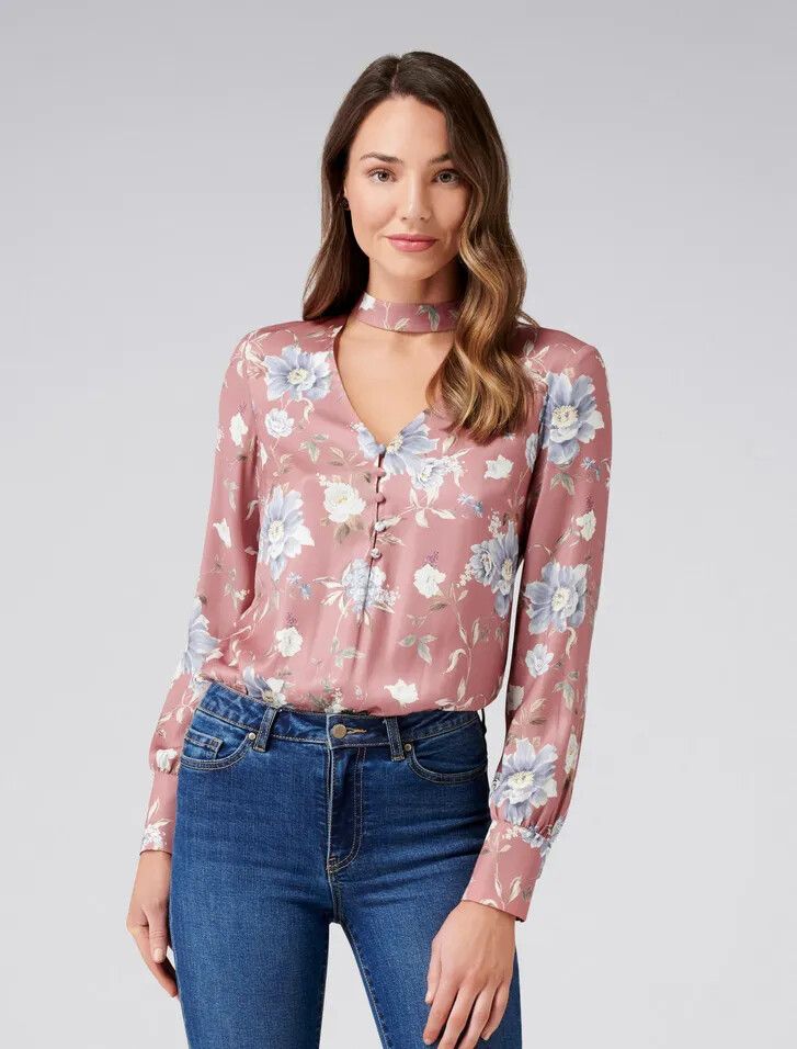 FOREVER NEW Brit Button Halo Floral Rose Pink Satin Long Sleeve Bodysuit Blouse