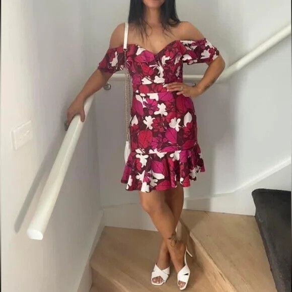 SHEIKE Rumba Floral Ruffle Hem Off The Shoulder Mini Dress