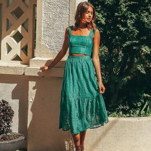 KOOKAI Esmeraldo Chiquittita Green Shimmer Midi Skirt NWT