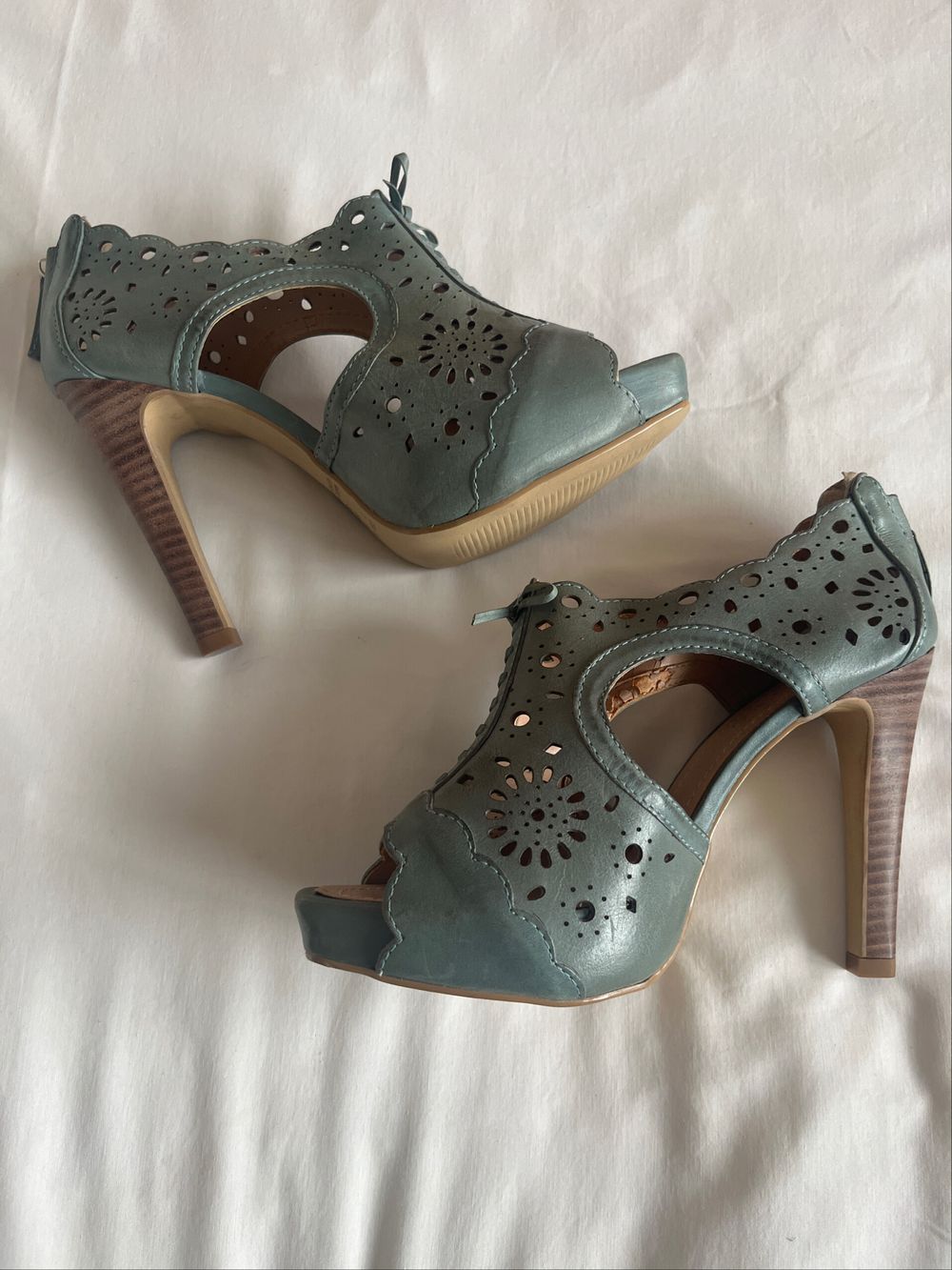 Masiero Brazilian Leather Laser Cut Peep Toe Bootie Heels