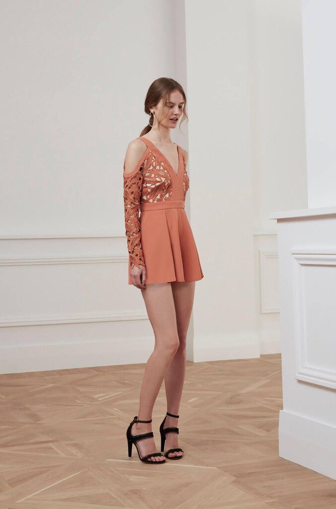 KEEPSAKE The Moment Lace Romper Terracotta Cold Shoulder Playsuit