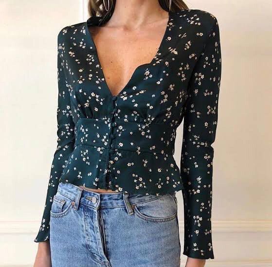 BEC & BRIDGE Jardin Silk Emerald Green Floral Long Sleeve Crop Top Blouse