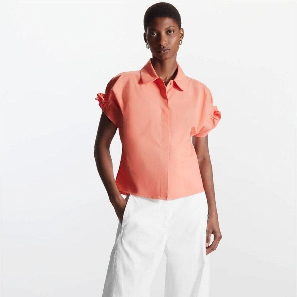 COS Coral Orange Cotton Blend Smocked Short Sleeve Blouse Shirt