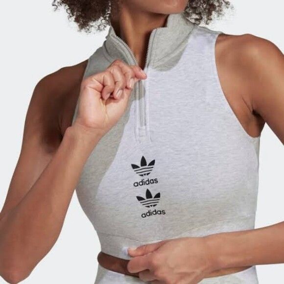 ADIDAS Graphics Logo Play Light Grey Heather High Neck Zip Tank Crop Top NWT
