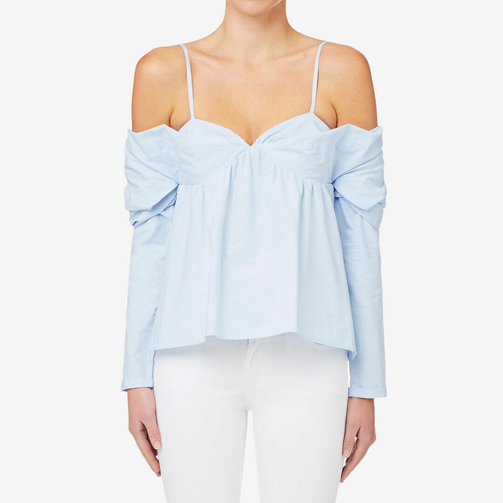SEED HERITAGE Blue Cotton Gathered Cold Shoulder Top NWT RRP$119