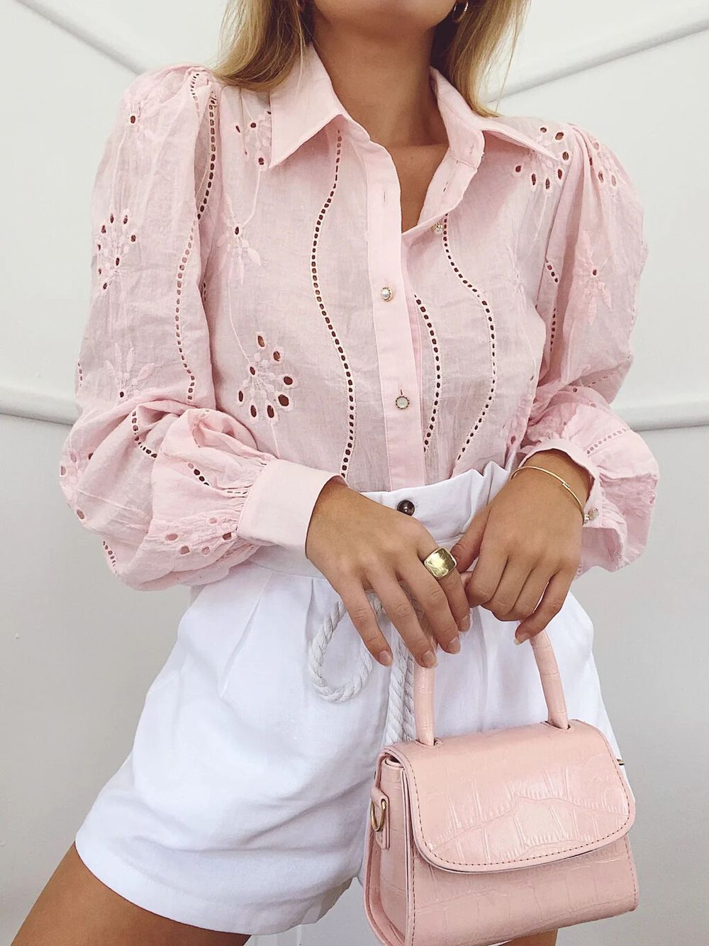 SEVEN WONDERS Knowles Pink Embroidered Top Broderie Collared Long Sleeve Shirt Blouse