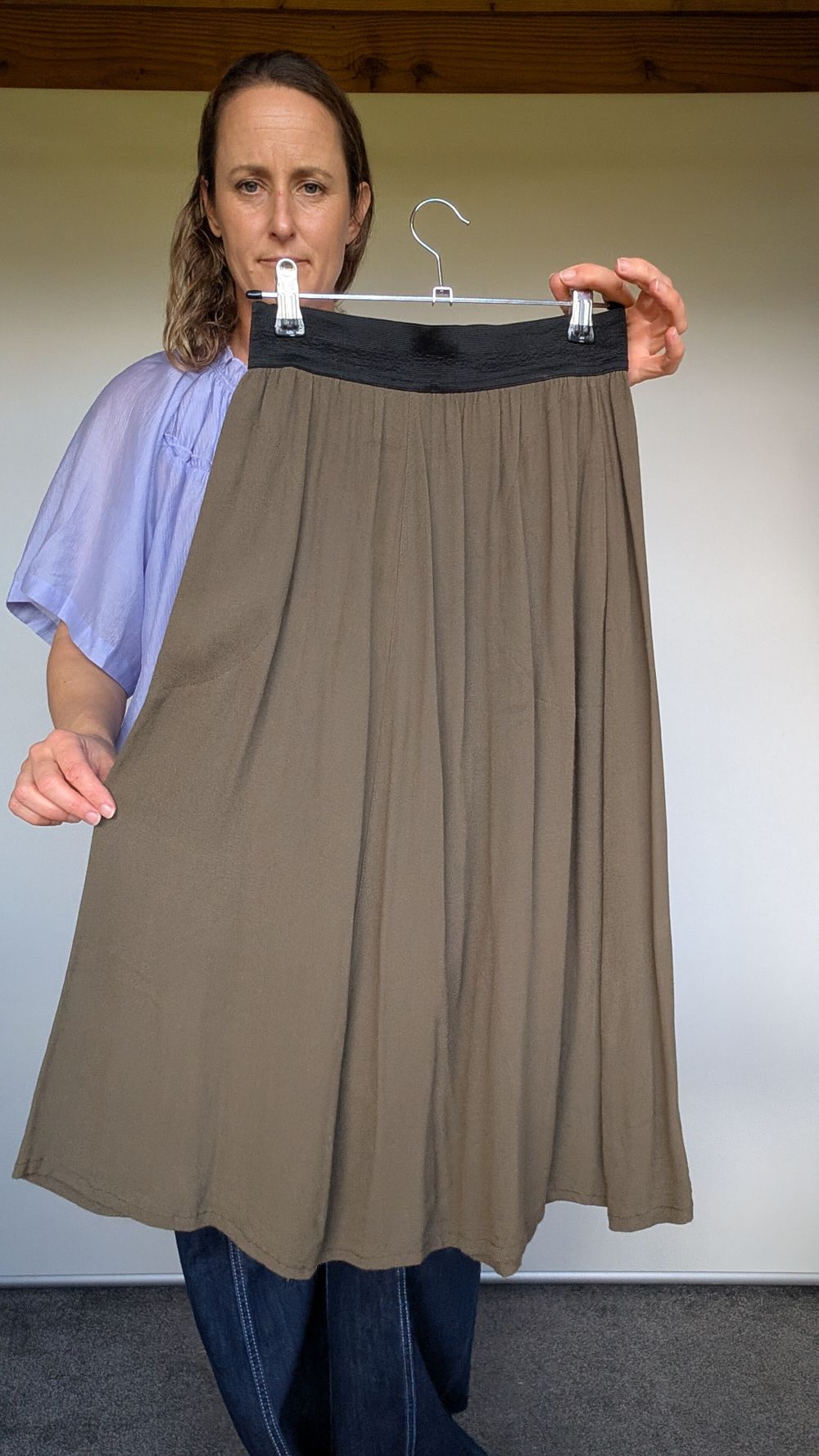 Khaki Midi Skirt With Black Waistband
