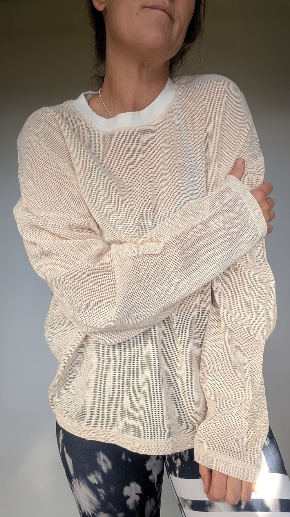 Sampson And Taylor Beige Mesh Knit long sleeve crew shirt