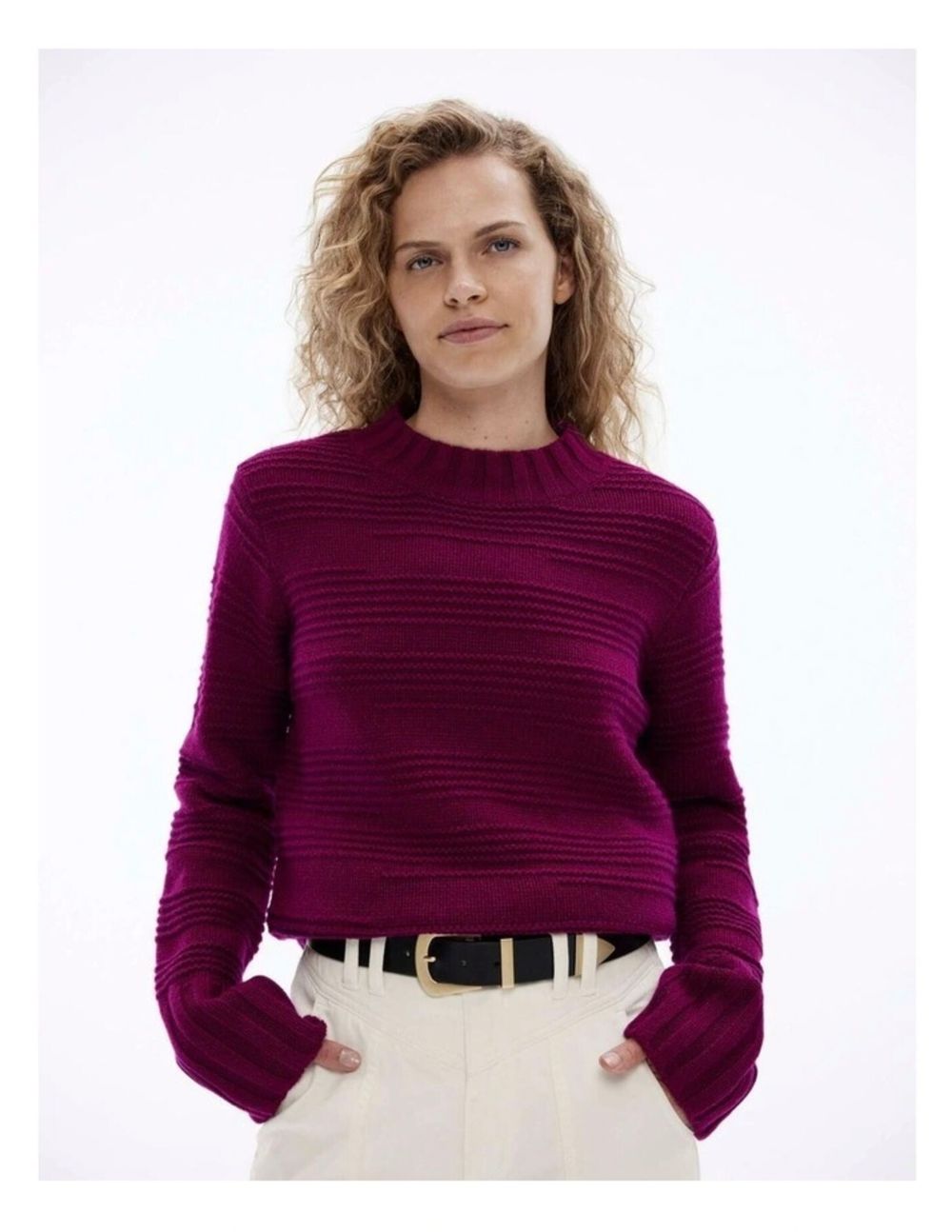 Wool Blend Stitch Detail Knit in Deep Magenta