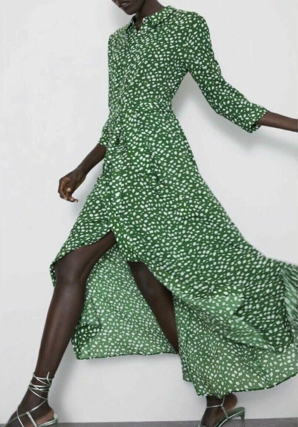 Zara Marilyn Green Spotted  Maxi Shirt Dress