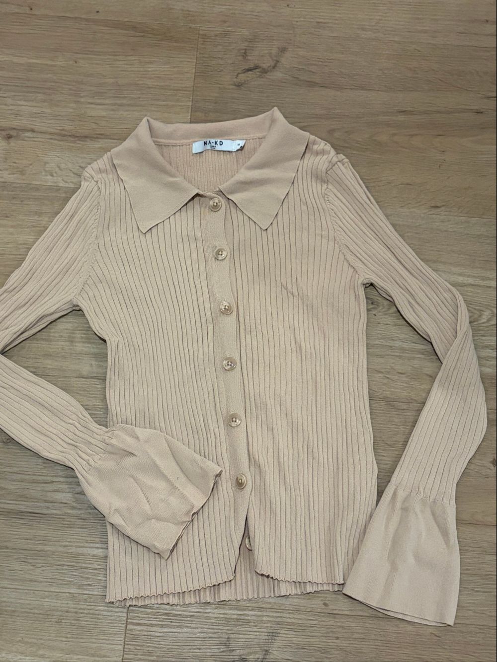 NA-KD Beige Ribbed Collared Cardigan