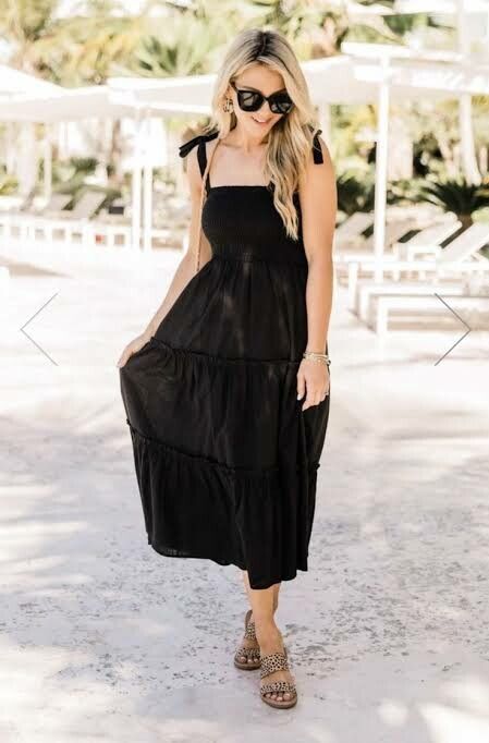 knee length dresses for ladies Black Linen Midi Dress with Shirred Bodice main image 0