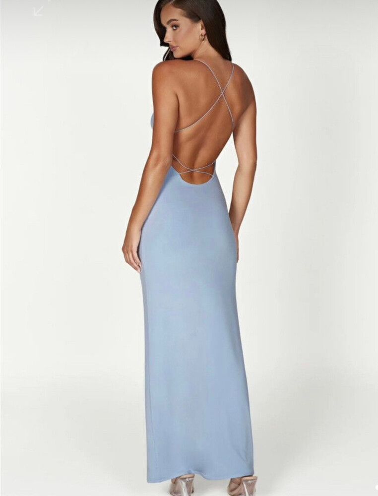 meshki blue dress Kaitlin One Shoulder Slinky And Mesh Maxi Dress