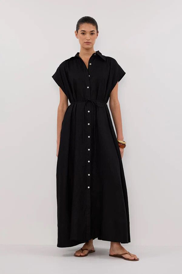 DISSH - LANA BLACK LINEN MIDI SHIRT DRESS - 16 / BLACK on Designer Wardrobe DISSH - LANA BLACK LINEN MIDI SHIRT DRESS - 16 / BLACK on Designer Wardrobe