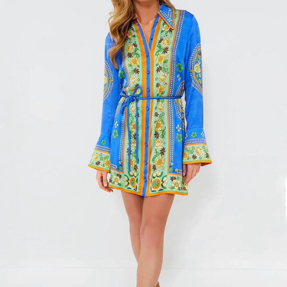 Alemais Linda Blue Floral Satin Mini Dress Size AU14