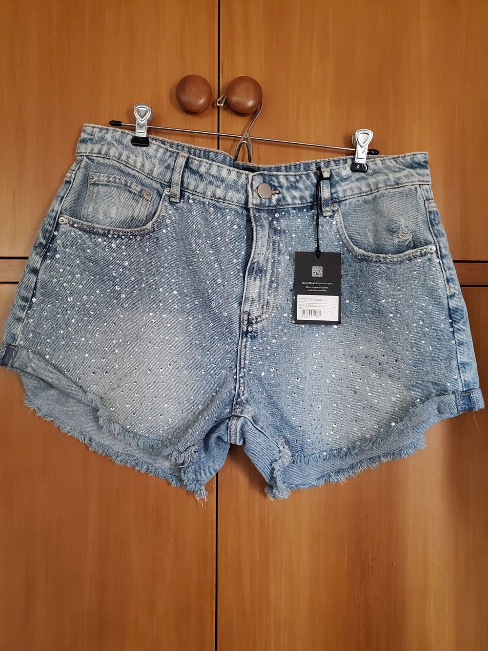 Decjuba Charlie Rhinestone Light Blue Denim Shorts