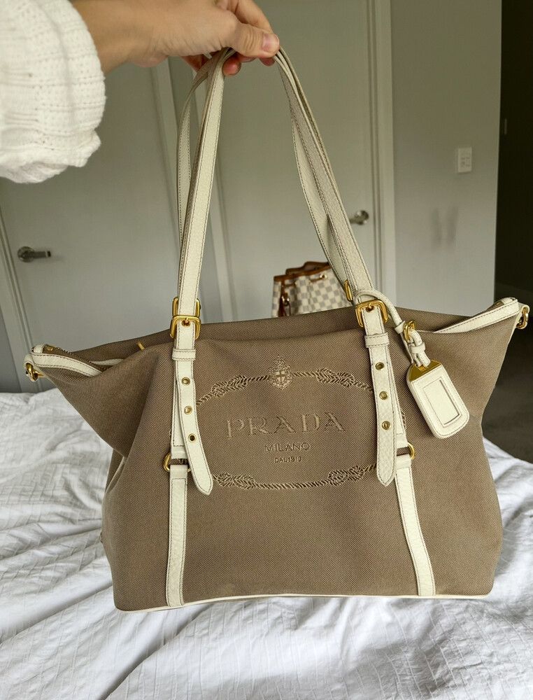 Prada Canvas Tote Bag With Leather Trim Beige and Gold
