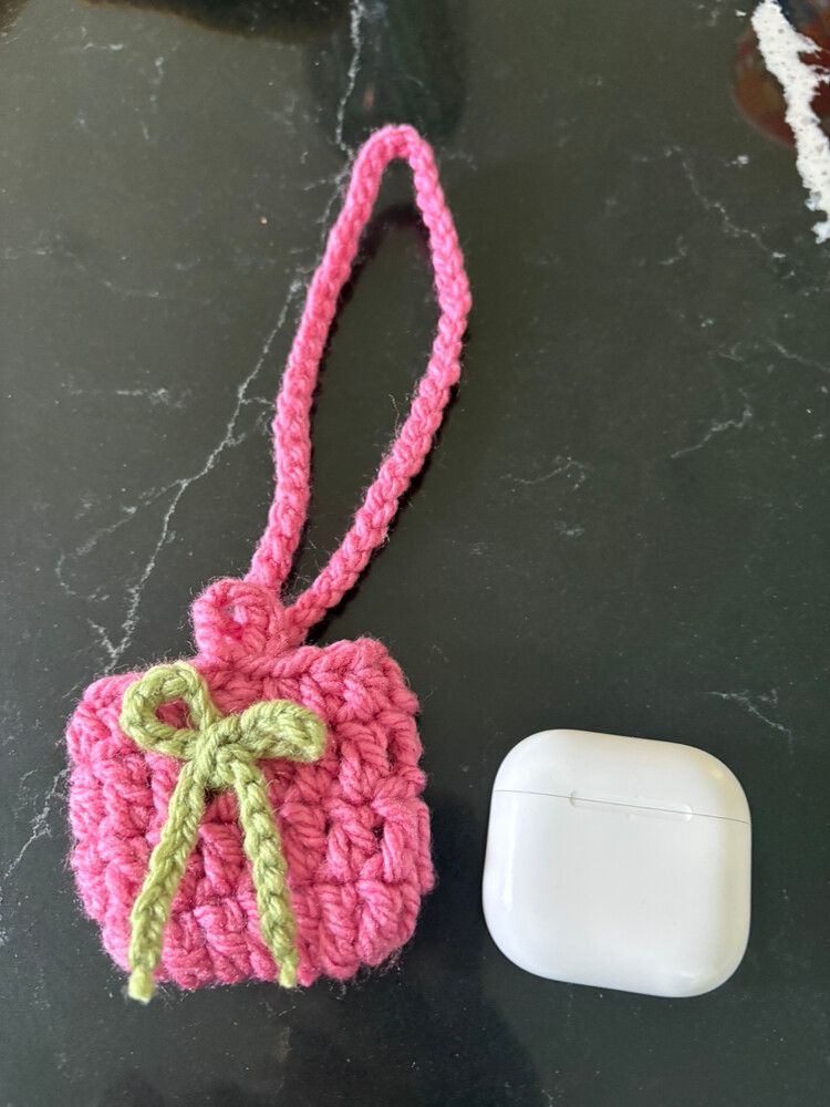 Pink Crochet Mini AirPods Bag With Green Bow