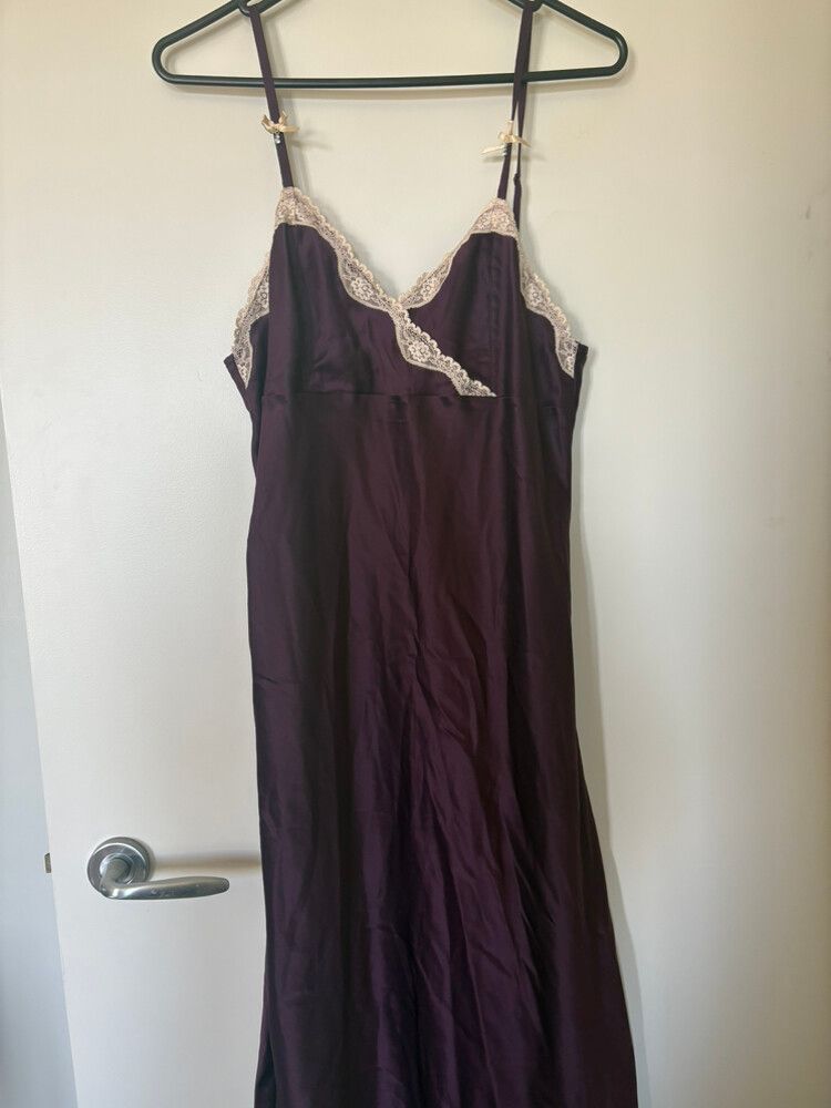 Bendon Purple Satin Slip Dress With Lace Trim