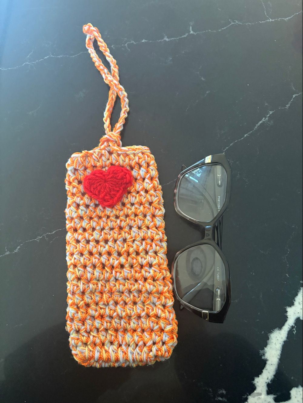 Orange Crochet Phone Pouch With Red Heart
