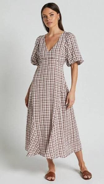 showpo brown dress Dusty Rose Silky Maxi 4 newdsalem framing the collarbone while adding structure through the shoulder Showpo - Brown Gingham Midi