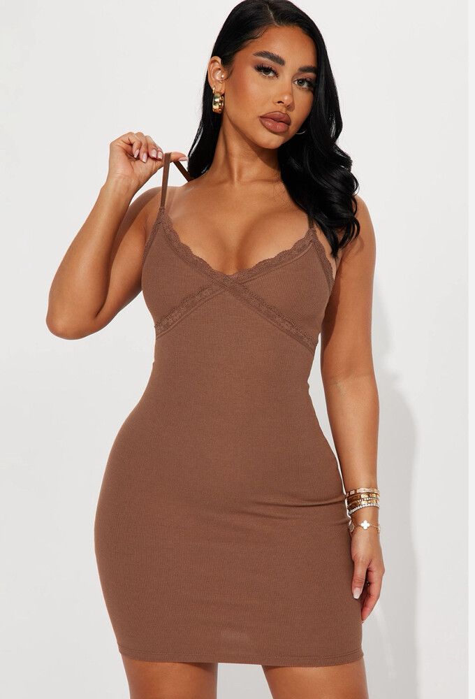 Fashion Nova - fashion nova Ribbed Brown Mini Dress on Designer Wardrobe