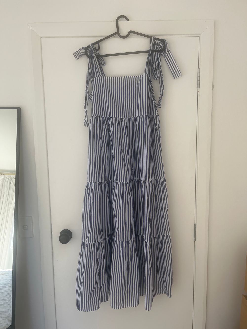 Superette Blue and White Striped Tiered Midi Dress
