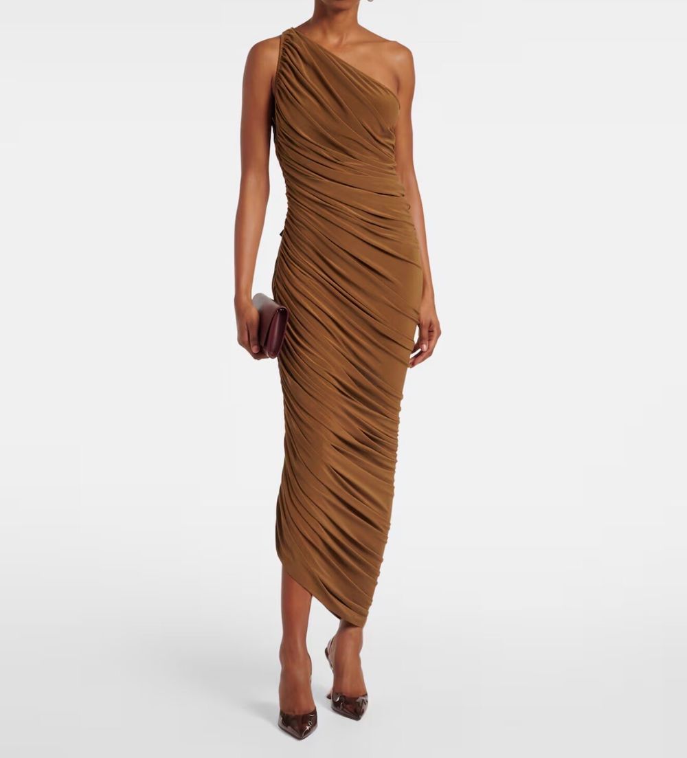 Brown One Shoulder Ruched Midi Dress