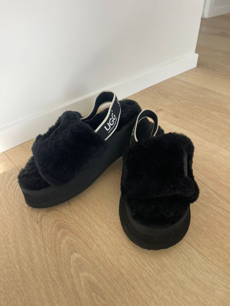 UGG Black Fluffy Platform Slides