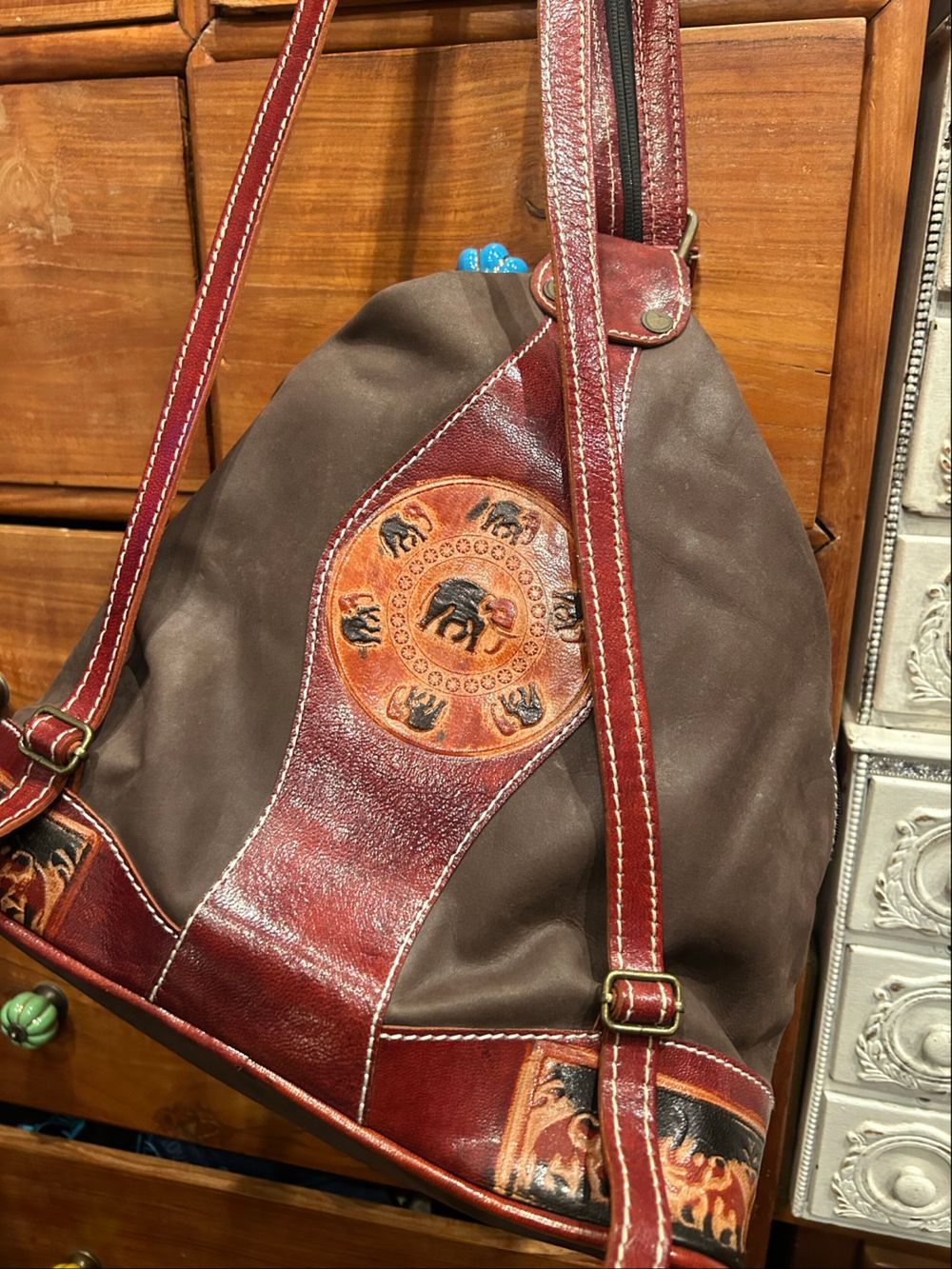 Brown And Red Leather Elephant Embossed Shoulder Bag