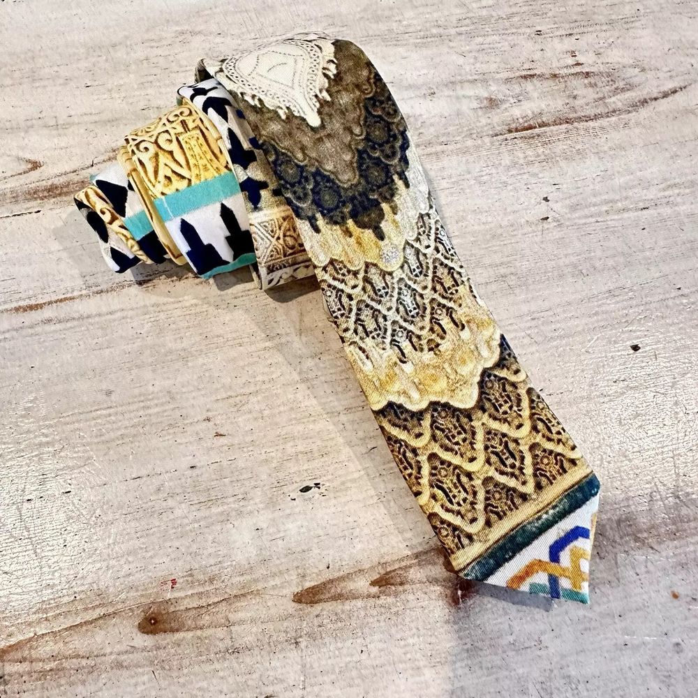 Camilla Silk Tie-Slim Yellow Geometric 'Flight Of The Arch' Formal Resort Party Formal