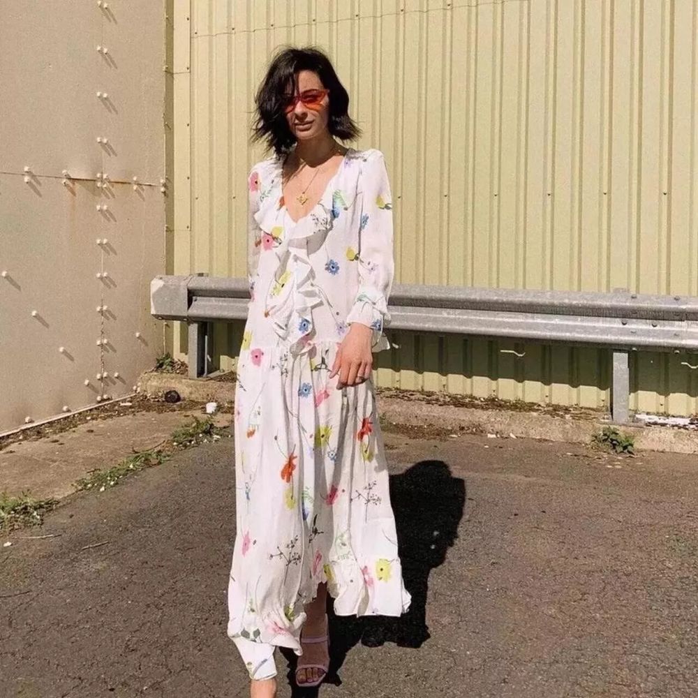 Olivia Rubin Dress Size AU/UK 10 US 6 White floral Maxi with slip Ruffle Neckline Long Sleeves Romantic, Pretty, feminine