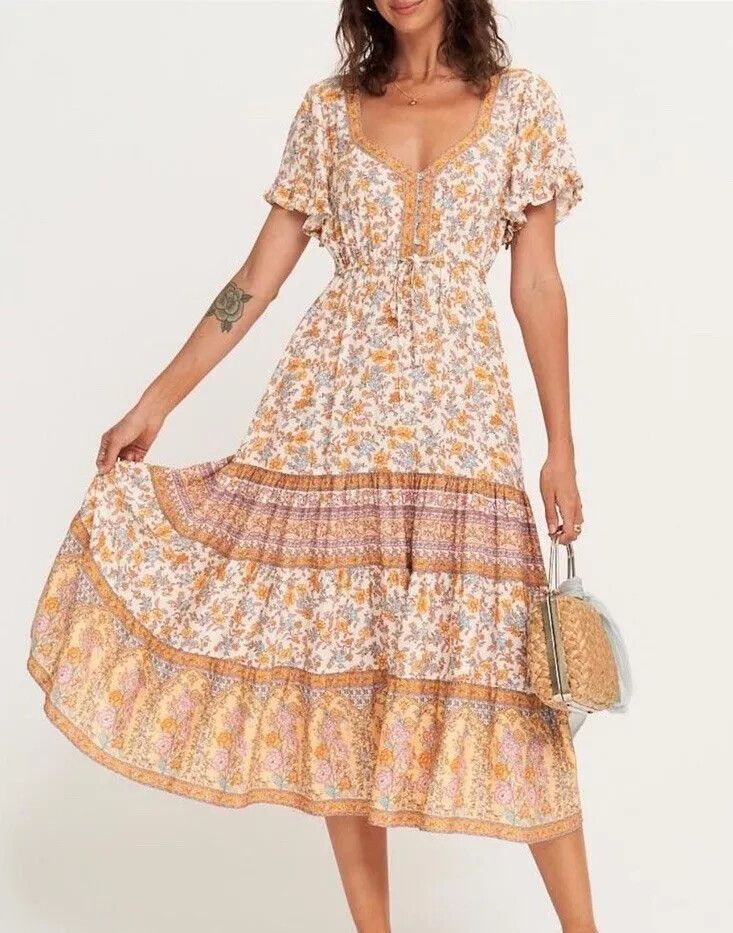 Arnhem Dress Size AU/UK 8 Midi Tan/Honey/White Short sleeves Byron Bay designer Summer Beach Casual Day wear