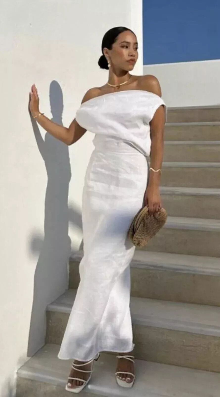 Cass White Midi Dress One Shoulder Linen, Classic, Bridal, Engagement Minimal Simple Luxe